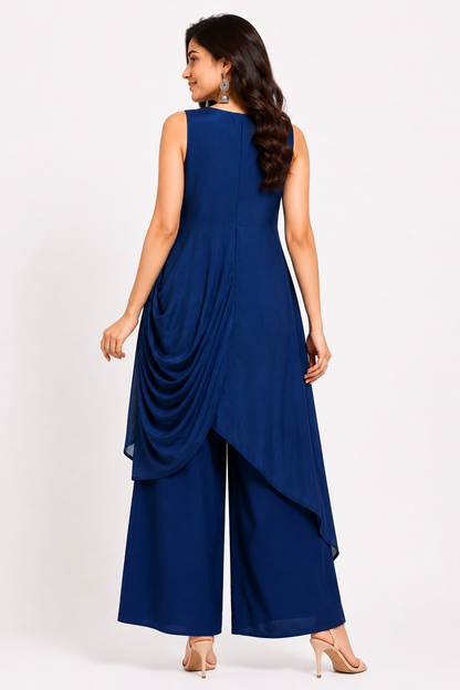 DH328-Navy Blue Indo-Western Co-Ord Set with Drape & Palazzo