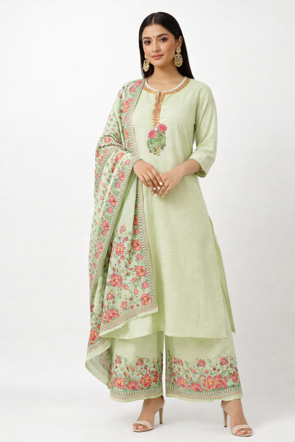 DH311-Graceful Pastel Green Floral Kurta Set with Printed Dupatta