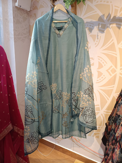 DH216-Pastel Teal With Delicate Floral embroidery