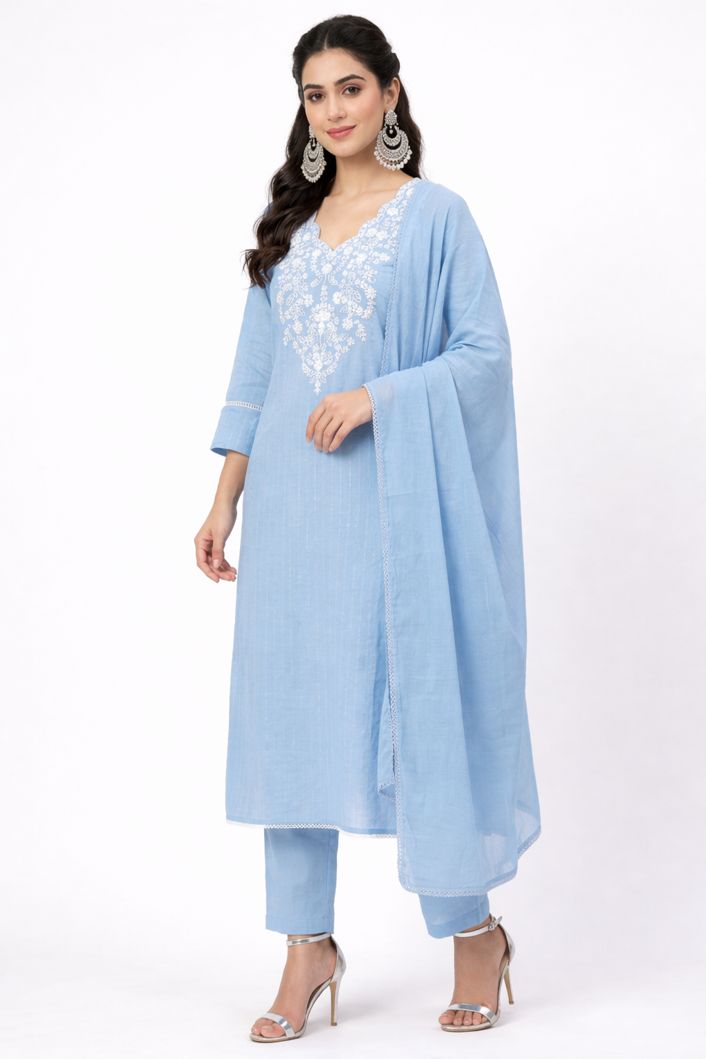 DH315-Elegant Sky Blue Embroidered Kurta Set with Dupatta
