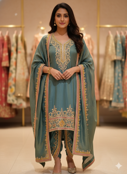 DH236-Teal Green Suit With Golden Embroidery And Contrast Red Border