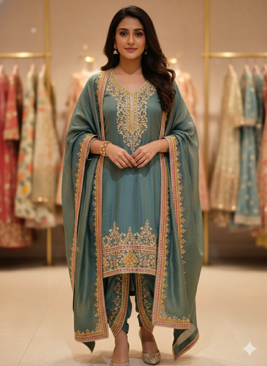 DH236-Teal Green Suit With Golden Embroidery And Contrast Red Border