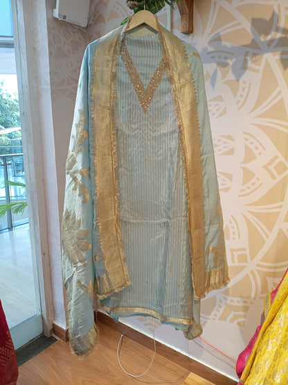 DH223-Elegant Sky Blue Suit with Golden Embroidery & Dupatta