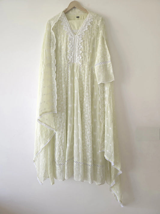Soft cotton anarkali for women in light cream with delicate embroidery and matching dupatta