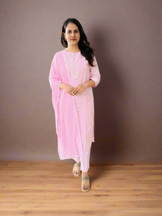 Woman wearing a pink delicate Indian suit for women with matching dupatta and embroidered details