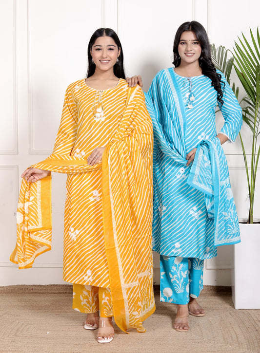 Women wearing yellow striped cotton suit and blue striped cotton suit with matching dupattas