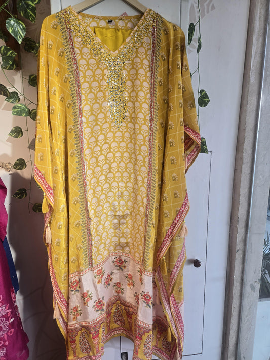 DH125 Y-Mustard Yellow Kaftan with Mirror Work - Dharini's Store